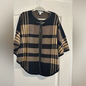 White House Black Market Black and Tan Plaid Poncho